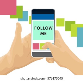 Hand holding and Touch on Smart Phone with simple flat UI.
Smart Phone in hands. Vector illustration.