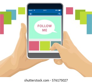 Hand holding and Touch on tablet with simple flat UI.
Tablet in hands. Hands holding tablet. Vector illustration.
