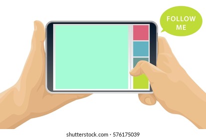 Hand holding and Touch on tablet with simple flat UI.
Tablet in hands. Hands holding tablet. Vector illustration.
