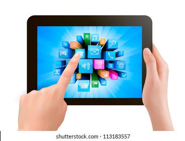 Hand holding touch pad pc and finger touching it's screen with icons. Vector.