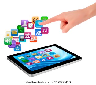 Hand holding touch pad pc and finger touching it's screen with icons. Vector.