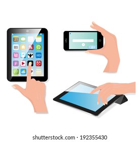 Hand holding touch pad pc and finger touching it's screen with icons. Vector.