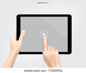 Hand holding and touch screen digital tablet with display of video player symbol. Vector illustration.
