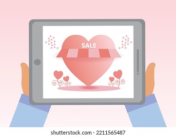 Hand holding  touch screen tablet with sale tag heart valentine day  shopping on pink background vector for online shopping banner sale design for online shop for sale decorate valentine day festival