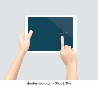 Hand holding and touch screen tablet  on white background. Vector illustration.