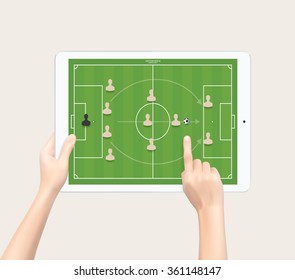 Hand holding and touch screen tablet with soccer game formation tactics. Planning position for coach. Vector illustration.