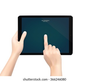 Hand holding and touch screen tablet on white background. Vector illustration.