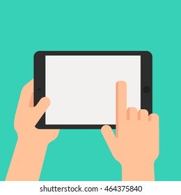 Hand  holding touch screen tablet on white background. Vector illustration.