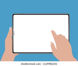 Hand holding. hand touching blank screen of tablet Isolated vector flat icon illustration.