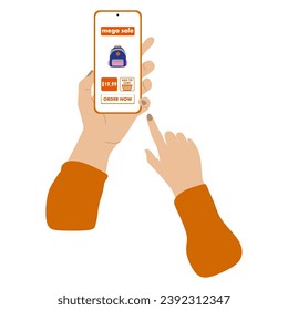 Hand holding and touching smart phone with buy button on the screen. Vector Buy online concept illustration. E-commerce flat design concept. Using mobile smart phone for online purchasing.
