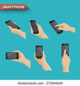 Hand holding and touching a smartphone. Vector