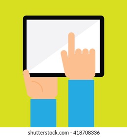 Hand holding and touching tablet