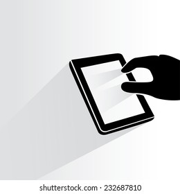 hand holding and touching tablet on white background, flat and shadow theme