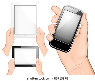 Mano sosteniendo un panel táctil (tablet) y teléfono móvil. ilustración vectorial