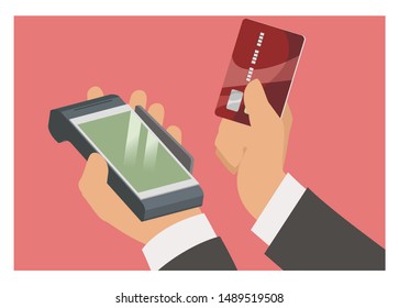 Hand holding touchscreen EDC machine and credit card