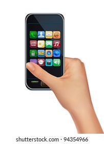 A hand holding touchscreen mobile phone with icons. Vector.