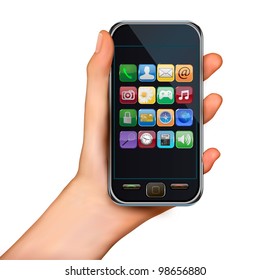 A hand holding touchscreen mobile phone with icons. Vector.