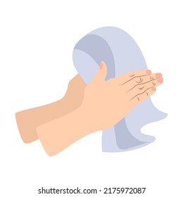 Hand holding a towel hygiene cartoon illustration. Hands washing steps, using liquid soap, sanitizer and dry wipes. Healthy life, medical disinfection