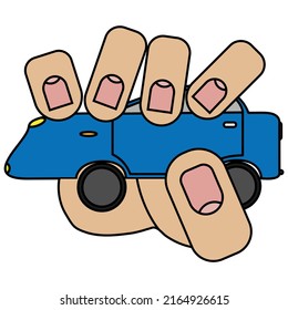 Hand holding a toy car, isolated on white background in cartoon style in vector graphic