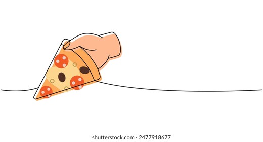 Hand, die eine traditionelle Pizza mit einer Linie farbige fortlaufende Zeichnung hält. Traditionelles italienisches Fast-Food-kontinuierliche einzeilige Illustration.