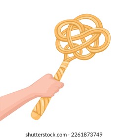 Hand holding traditional rattan mattress beater. unique tools symbol cartoon illustration vector