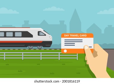 Hand Holding A Train Ticket Or Day Travel Card. City Train Is Approaching The Station. Flat Vector Illustration Template.