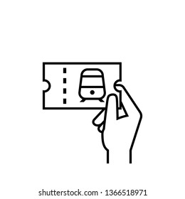 Hand Holding Train Ticket Outline Icon. Clipart Image Isolated On White Background