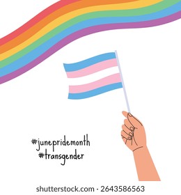 A hand holding transgender pride flag. LGBT pride month square banner. Vector illustration for an annual celebration of gender diversity