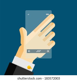 Hand holding transparent screen mobile phone. Flat design concept