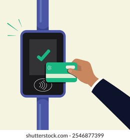 Conceito de cartão de transporte de mão.  Pagamentos sem fio, sem contato ou sem dinheiro, RFID NFC. Bilhete de transporte público.