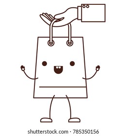 hand holding a trapezoid kawaii animated shopping bag in monochrome silhouette