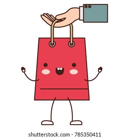 hand holding a trapezoid kawaii animated shopping bag in colorful silhouette