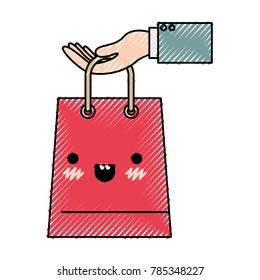 hand holding a trapezoid kawaii shopping bag in colored crayon silhouette