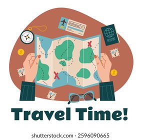 Hand holding travel map. Time to travel concept. Vector graphic simple doodle line art outline design illustration