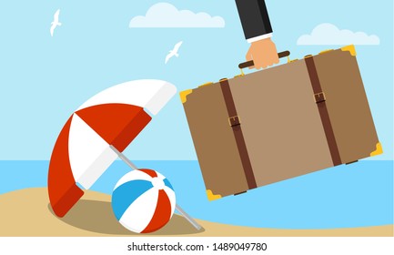 Hand holding travel suitcase. A tourist's hand holds a suitcase with things on the background of a sea landscape. Vector illustration.