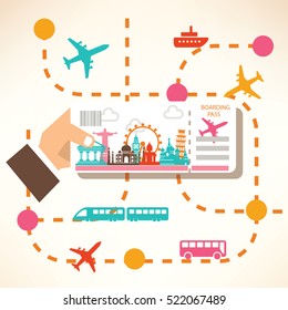 hand holding travel ticket, travel around the world concept