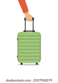 Hand holding traveling suitcase going for vacation