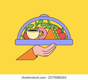 Hand holding a tray with assorted food items, depicted in a playful cartoon style, ideal for restaurant or culinary content cartoon vector illustration