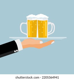 A hand holding tray with beers, ready to serve