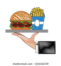 hand holding tray with burger and french fries