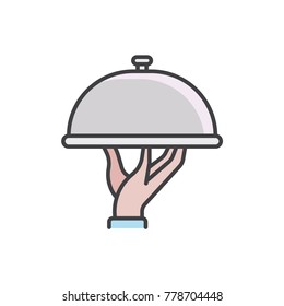Waiter’s hand holding tray with cloche flat line colored icon.