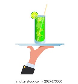 Hand holding tray with cocktail. Vector illustration