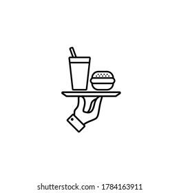 Hand holding tray with fast food. Line icon. Burger, hamburger and soda takeaway. Vector on isolated white background. EPS 10
