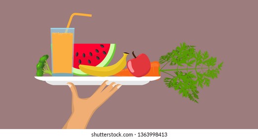 Hand holding tray with full of healthy food, salad, fruits, vegetables and glass of juice. Diet concept vector illustration.