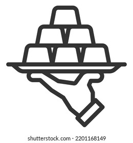Hand holding a tray with gold bars - icon, illustration on white background, outline style