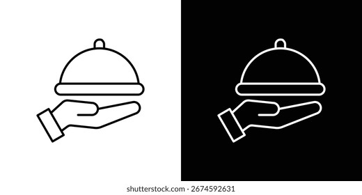 Mano que sostiene el icono de la bandeja. Iconos de línea de trazo editables