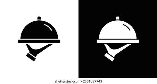 Mano que sostiene el icono de la bandeja en versión plana sobre fondo blanco y negro