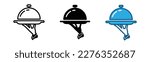 Hand holding tray icon set. Covered plate or plate cover icon. Restaurant waiter, waitress, maid icon symbol in line and flat style. Serving food with cloche. Catering service. vector illustration
