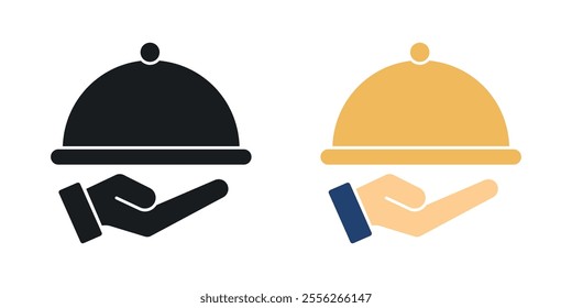 Hand holding tray icon set in black and colored versions.