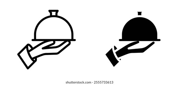 Hand holding tray icon symbol collection on white background.